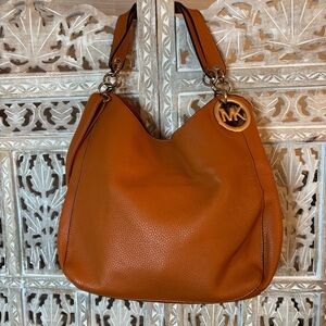 Womens Michael Kors Large Orange Pebbled Leather Hobo Shoulder Bag